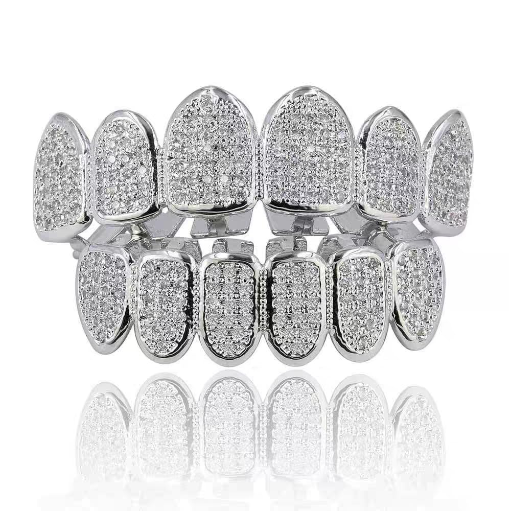 Diamond Silver Grillz Gold Teeth Grills for Teeth Diamond Vampire Fangs Grillz Gold Plated Shiny Hip Hop Teeth Grillz Diamond Gold Grillz, Medium, Non-Precious Metal, Cubic Zirconia