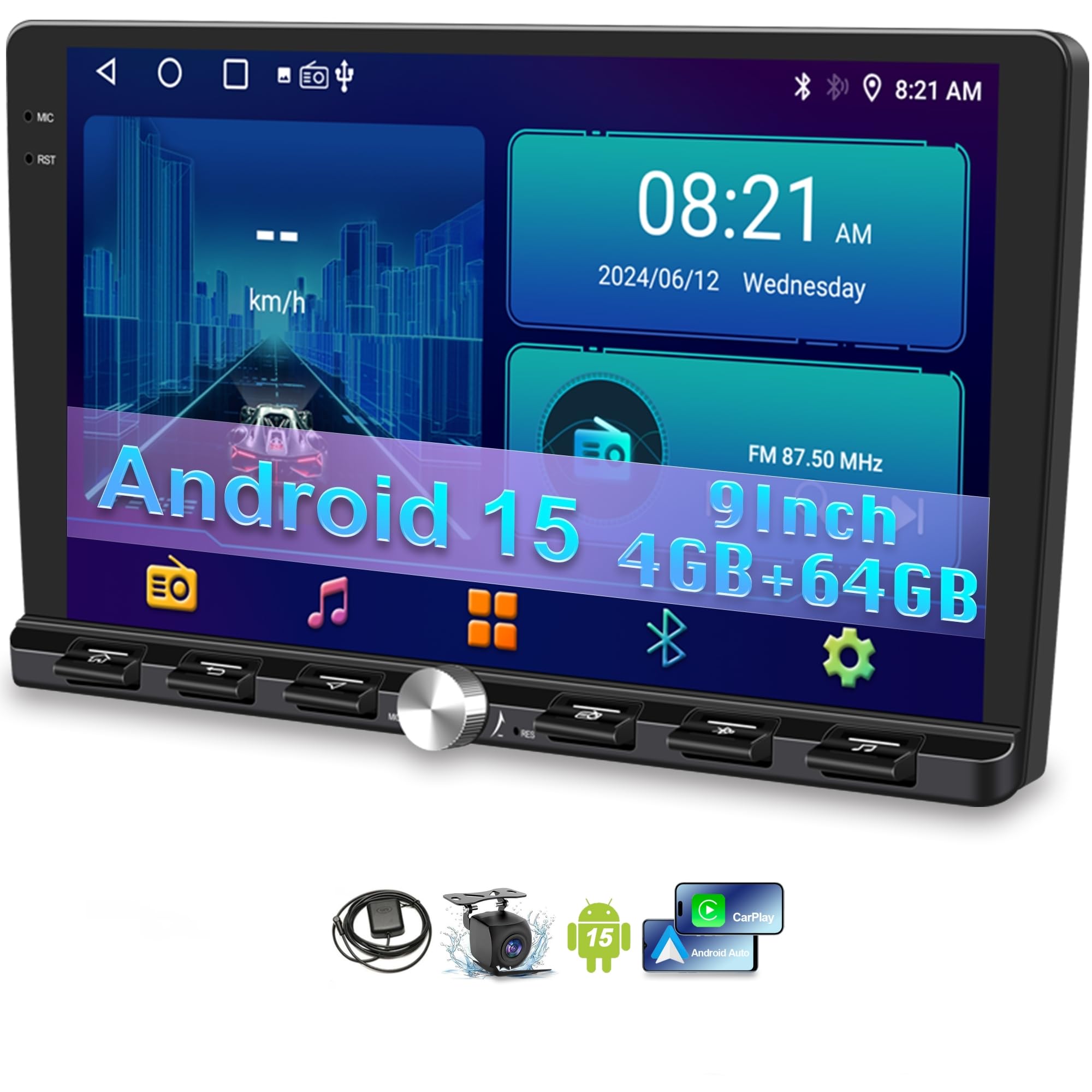Photo 1 of [4+64GB] 9“ Double Din Car Stereo Android 15 Apple CarPlay Android Auto Radio, 9 Inch IPS 1280 * 720 Touchscreen with GPS, Bluetooth 5.2 FM Radio DSP Audio 1080P Backup Camera, WiFi Google Play