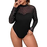 WDIRARA Women's Rhinestone Contrast Mesh Insert Mock Neck Long Sleeve Bodysuit Rompers