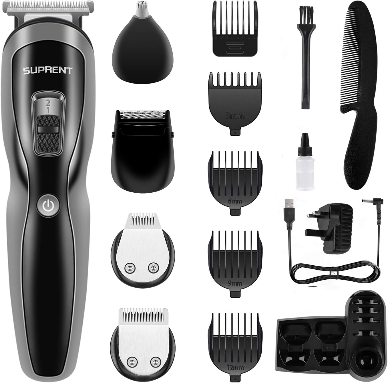 Beard Trimmer Men Hair Clipper SUPRENT 5 in 1 Multifunctional Grooming Kit Hair Trimmer,Mustache/Facial/Nose/Precision/Body Groomer Trimmer, Stubble Trimmer Cordless with Charge Base