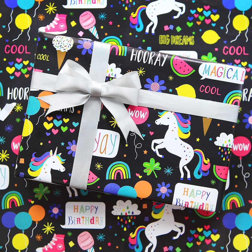 Birthday Wrapping Paper For Kids Girls Boys, Unicorn Design Gift Wrapping Paper for Birthday Baby Shower with 2 Meters Ribbon, 4 Sheets Folded Flat 50x70 cm per sheet (black)