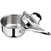 AVACRAFT Tri-Ply Stainless Steel Saucepan with Glass Strainer Lid, Two Side Spouts, Ergonomic Handle, Multipurpose Sauce Pan with Lid, Sauce Pot, Cooking Pot (Tri-Ply Full Body, 1.5 Quart)
