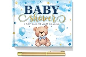 Fuyoooo 27 Pcs Blue Color Bear Baby Shower Guest Book Set Baby Shower Sign in Guest Floral Book Place Table Cards with Gold Pen Adhesive Photo Corner for Birthday Party