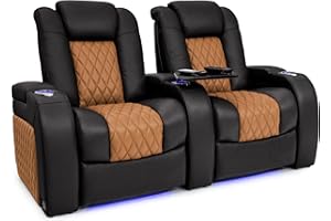 Seatcraft Diamante Zero-Gravity CoolZero Italian Leather Home Theater Seating, Power Headrest, Power Recline, Row of 2, Black/Tan Oak