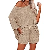 Ermonn Womens 2 Piece Outfits Sweater Sets Off Shoulder Knit Tops Waist Short Suits Casual Pajama Set