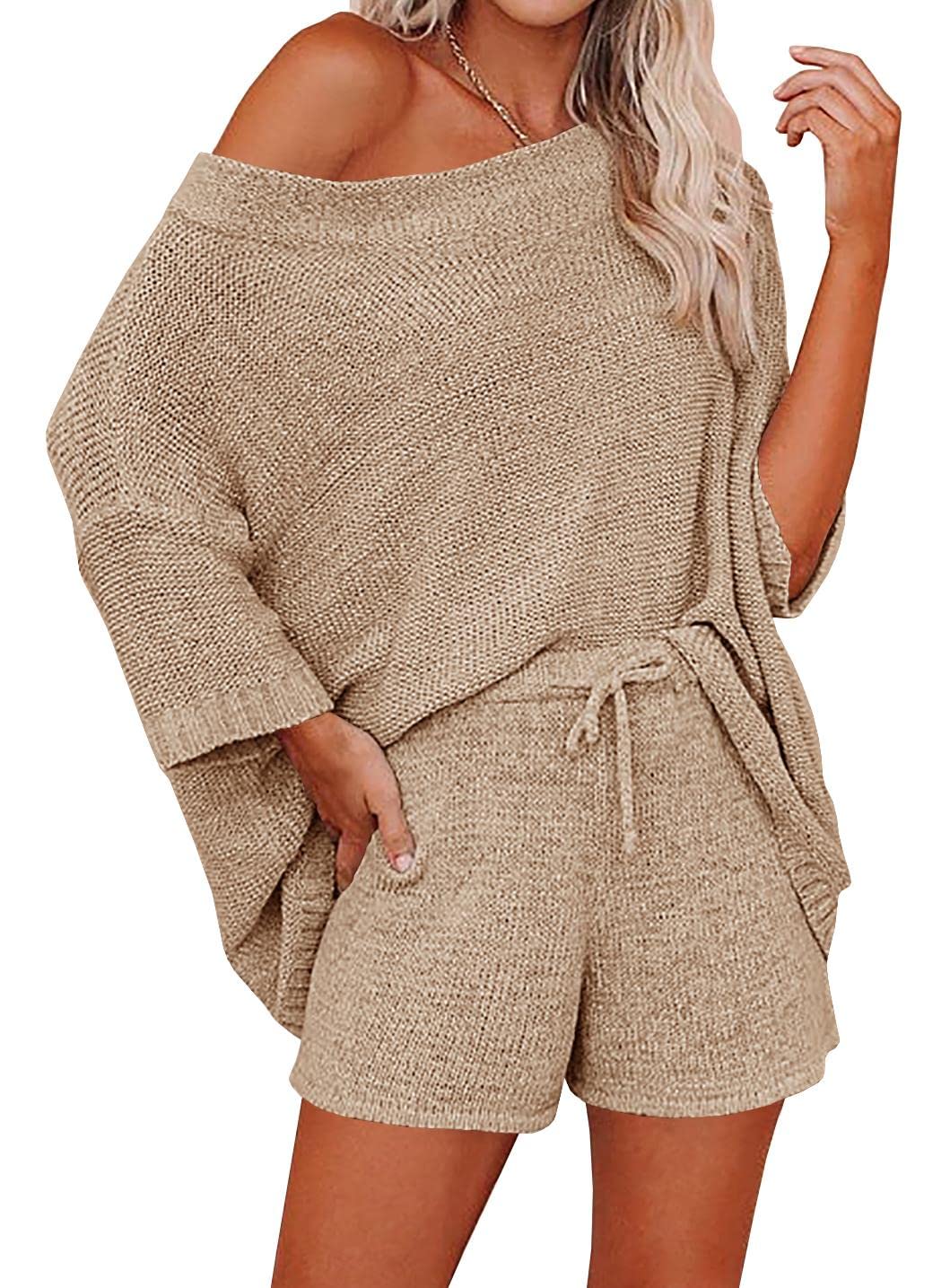 Photo 1 of Ermonn Womens 2 Piece Outfits Sweater Sets Off Shoulder Knit Tops Waist Short Suits Casual Pajama Set Khaki (SIZE UNKNOWN)
