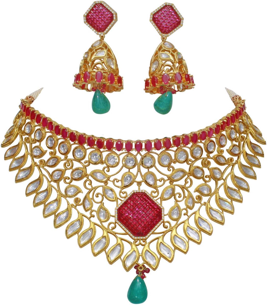 Babosa Sakhi Indian Ruby Embedded Bridal Wedding Kundan Choker Necklace Set