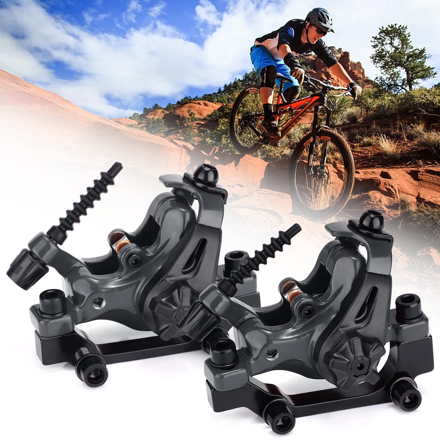 TOBWOLF 1 Pair Mechanical Disc Brake Kit, MTB Front & Rear Disc Brake Caliper with 160mm Rotor, Dual Piston Mechanical Brake Set, Bicycle Accessories for Mountain Bike, Road Bike, BMX - Black