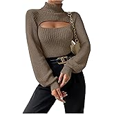 SHENHE Women's Cutout Turtleneck Sweaters Lantern Long Sleeve High Neck Knit Pullover Jumper Tops