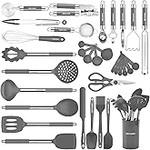 Kitchen Utensils Set-Silicone Cooking Utensils-32pcs Non-Stick Silicone Cooking Kitchen Utensils Spatula Set with Holder-Best Kitchen Cookware with Stainless Steel Handle (Grey)