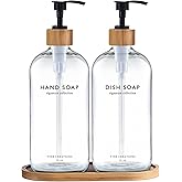 Vine Creations Clear Glass Soap Dispenser Set, Hand Soap and Dish Soap Dispenser Set with Bamboo Tray, 16 oz Glass Dispensers Bottle for Kitchen and Bathroom Decor Modern Boho with Bamboo Pump (Clear)