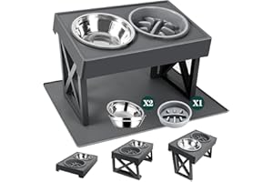 MDEHOPET Elevated Dog Bowls with Mat for Middle Large Breeds, 3 Adjustable Heights Raised Pet Bowl Stand Feeder with Slow Feeder Bowl 2 Stainless Steel Food & Water Bowls for Small Medium Large