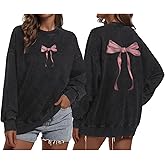 KEEVICI Cute Pink Bow Sweatshirt Women Preppy Aesthetic Coquette Graphic Sweatshirts Oversized Vintage Acid Wash Hoodie