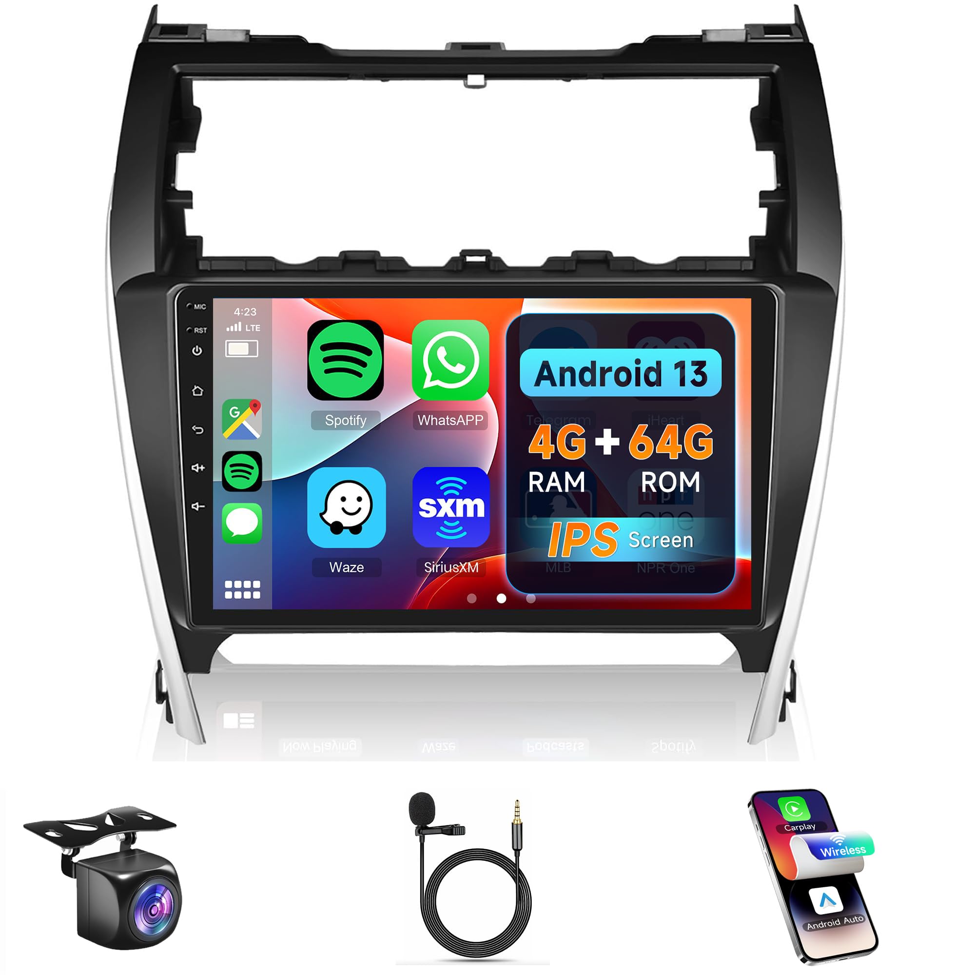 Photo 1 of 4Core 4G+64G Car Radio Stereo for Toyota Camry 2012 2013 2014, Rimoody Carplay Android 10.1 inch Touch Screen GPS Navigation WiFi EQ Bluetooth FM Radio Mirror Link + AHD Backup Camera