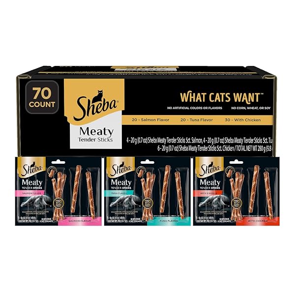 SHEBA MEATY TENDER STICKS SOFT CAT TREATS WITH CHICKEN, TUNA FLAVOR, AND SALMON FLAVOR, 0.14 OZ., 70 COUNT