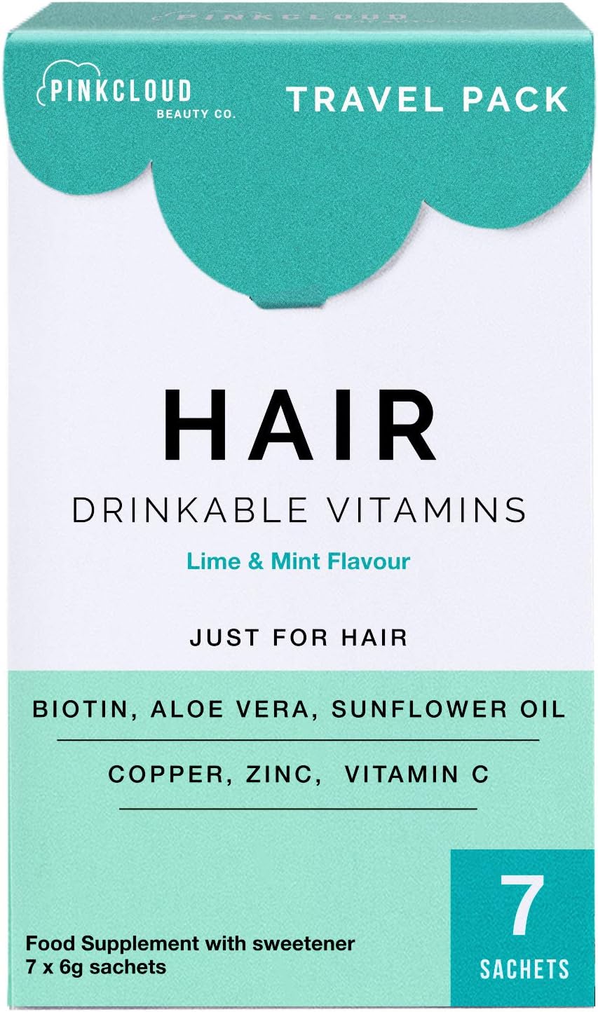Hair Drinkable Vitamins with Biotin, Aloe Vera & Sunflower Oil - Vegan Hair Growth Supplement for Longer & Healthier Hair | 1 Week Supply (7 Sachets) | Pink Cloud Beauty Co.