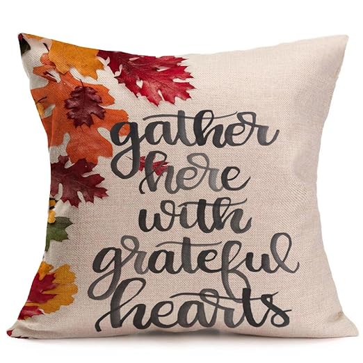 Thanksgiving Maple Leaf Pillow Case - Wonder4 Home Decor Printed Linen Cushion Cover Square Linen Pillow Cover with Words Gather Here with Greatful Hearts Thanksgiving Decoration for Home Sofa Bedding