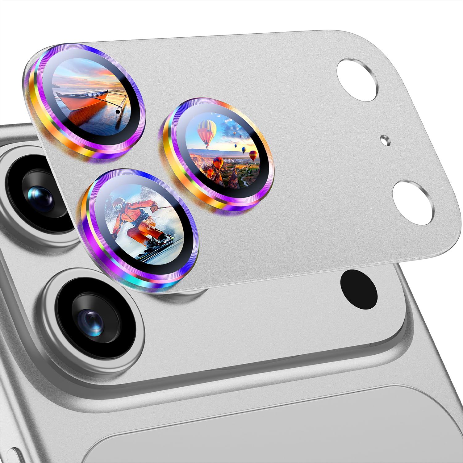 Uyiton for iPhone 17 Pro Max Camera Lens Protector, Not Easy to Break [Strong Adsorption][Case-Friendly] Metal Tempered Glass Rear Camera Screen Cover, Colorful Silver