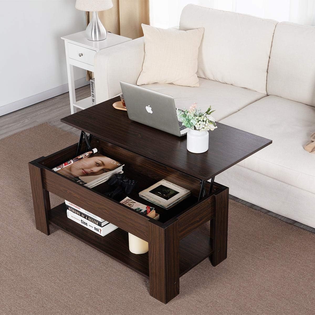 Yaheetech Adjustable Lift Top Coffee Table - with Hidden Storage Compartment for Living Room Espresso: Kitchen & Dining