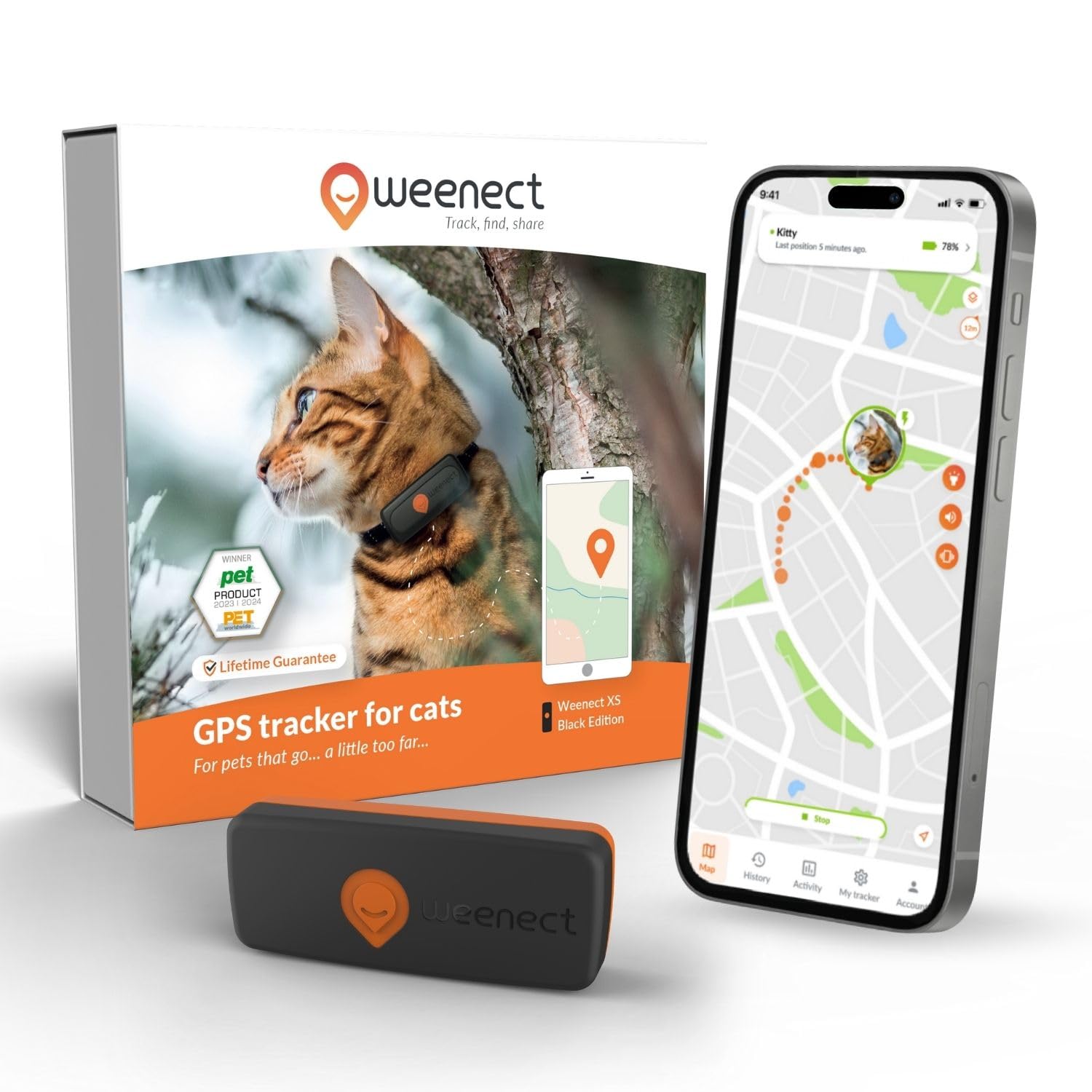 Weenect Cat XS - NEW GPS Tracker for Cats | Real-time Mini GPS Tracker for Cats | Smallest model on the market | Operates with a subscription | Collar included