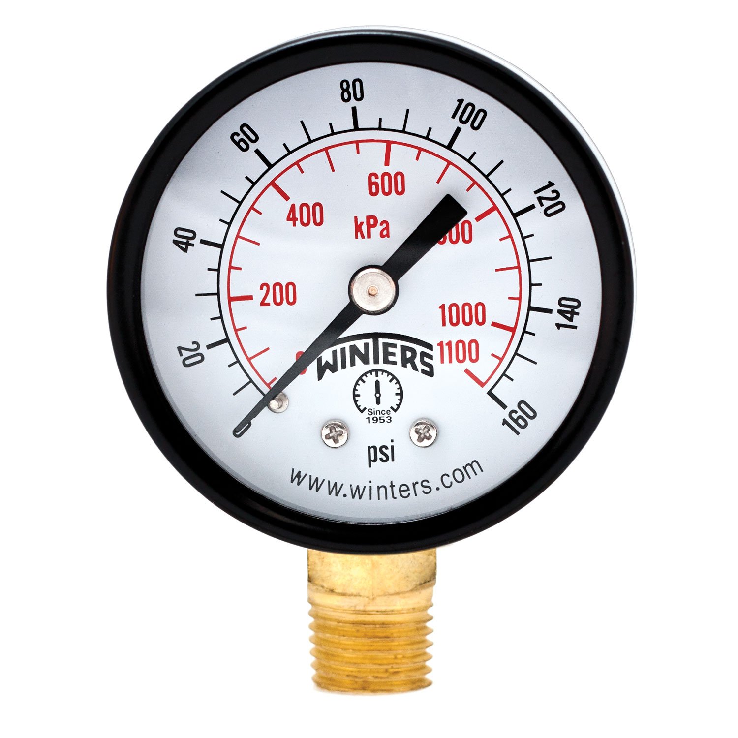 Winters PEM Series Steel Dual Scale Economical All Purpose Pressure Gauge with Brass Internals, 0-160 psi/kpa 2" Dial Display, +/-3-2-3% Accuracy, 1/4" NPT Bottom Mount