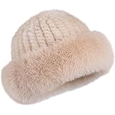 BOONJOVIA Women Winter Real Fur Bucket Hat Knitted Mink Fur Hats with Big Fox Fur Trim Brim Unlined