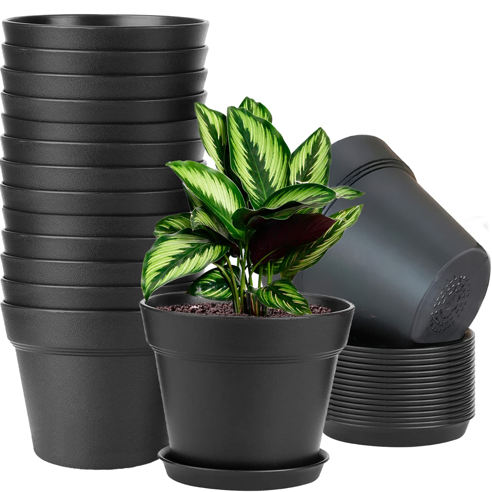 Photo 1 of WOUSIWER 16 Pack 6 inch Plastic Planters for Indoor Flower Pots, Heavy Duty and Stylish 6 Inch Plant Pots for Indoor Plants with Drainage Holes and Tray for Plants, Flowers, Black