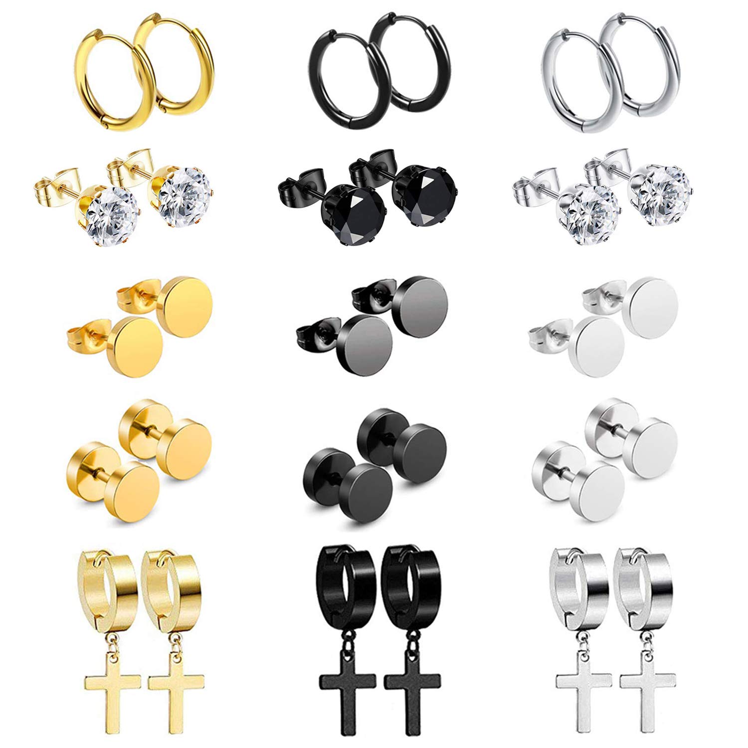 Oidea 15 Pairs Stud Earrings Dangle Hinged Hoop Earrings Set for Men Women Stainless Steel Huggie Earring Set,Silver,Gold,Black