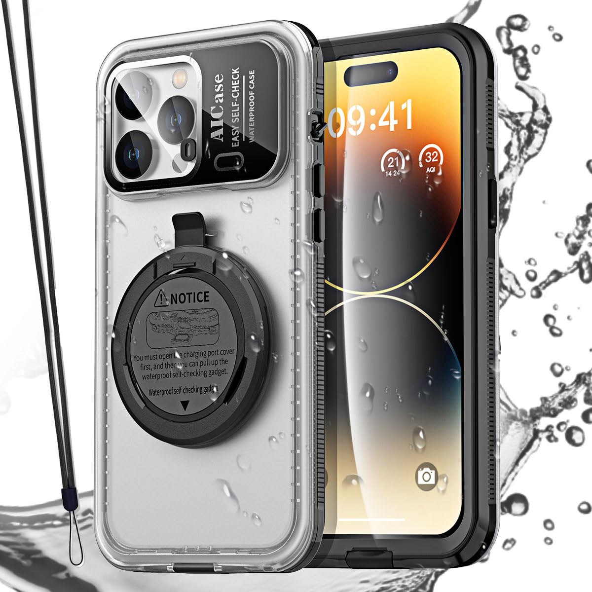 AICase Self-Check Waterproof Phone Case for iPhone 14 Pro, Underwater Touchscreen Water Proof Dustproof Snowproof Diving Phone Case Built-in Screen Protector for Shower, Bike, Beach, Snorkeling