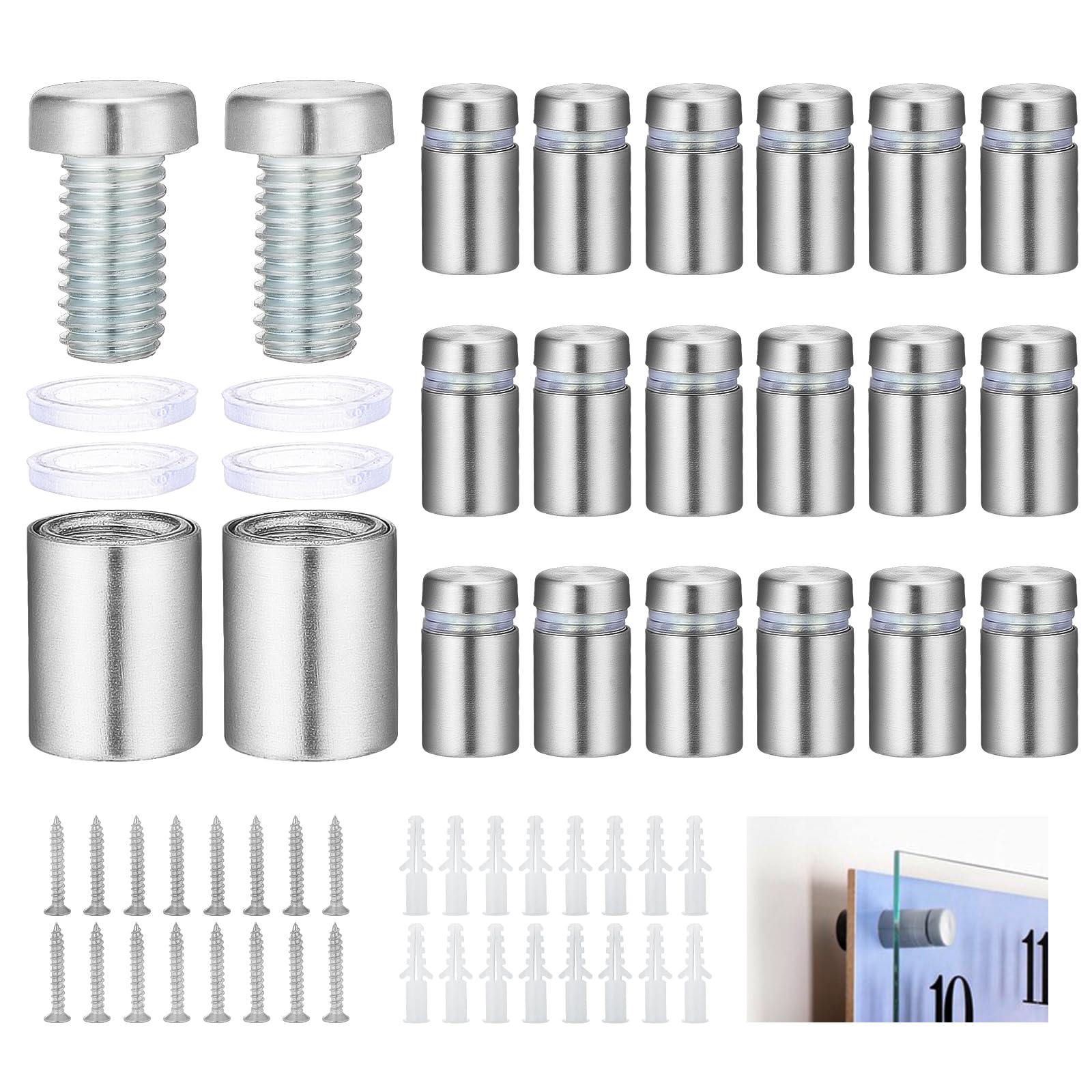 HSEAMALL 20PCS Standoff Fixing Glass Sign Standoffs Screws Stainless Steel Wall Mount Advertisement Fixings Bolts for Billboards,Picture Frames,Glass Posters and Other Signs Display 12x20mm