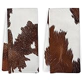 KFXHANGD Western Cow Print Kitchen Towels and Dishcloths Set of 2, Brown, Synthetic Fiber, 24x16 Inch