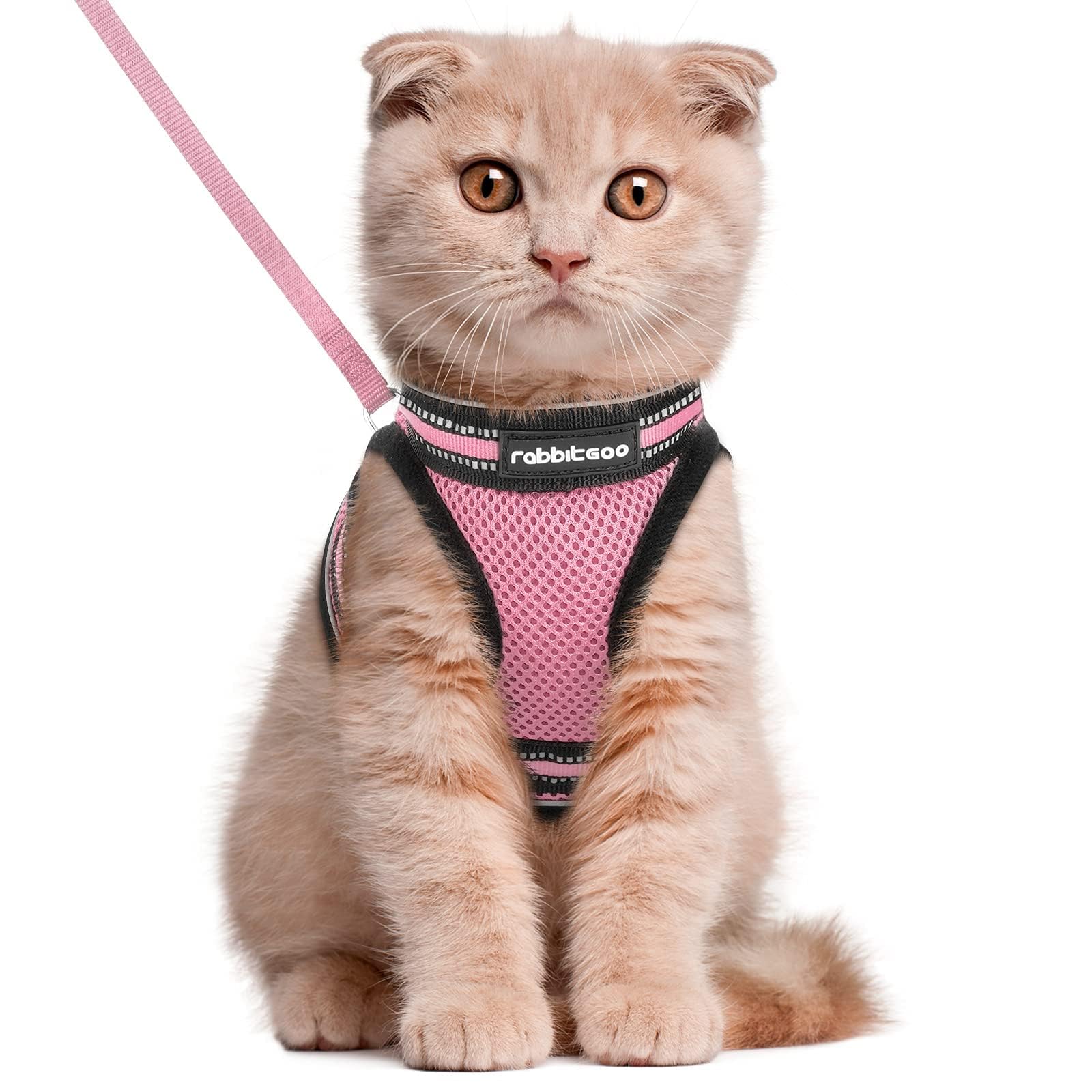 rabbitgoo Cat Harness and Leash Set for Walking Escape Proof, Adjustable Soft Kittens Vest with Reflective Strip for Extra Small Cats, Comfortable Choke-Proof Outdoor Vest Harness, Pink, Large