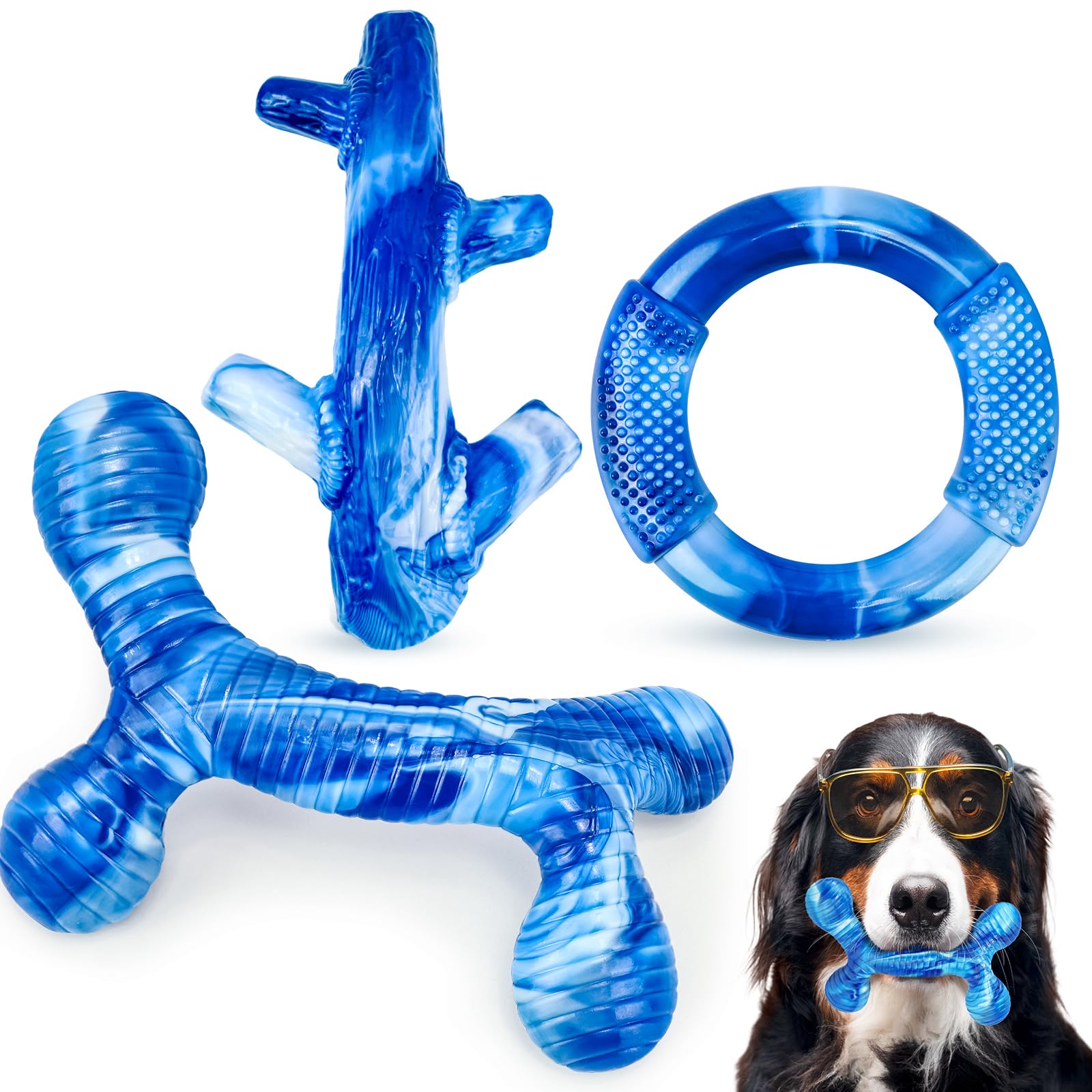 Photo 1 of 3Pack Dog Toys for Aggressive Chewers Dog Chew Toy Tough Dog Toys to Keep Them Busy Bacon Flavor Teething Chew Toys & Dental Health for Large Medium Small Breeds (Blue)