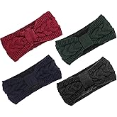 AQOKKA Knit Winter Headbands for Women Fuzzy Wool Fleece Lined Ear Warmers Elastic Turban Crocheted Head Wrap Winter Accessories for Women Cold Weather