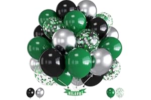HILAVO Green Black Balloons Dark Green Black Silver Confetti Balloons 35 Pcs 12 Inch Football Video Gamer Helium Latex Balloon for Boys Men Soccer Army Graduation Baby Shower Birthday Party Decorations