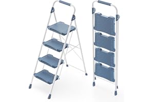 KINGRACK 4 Step Ladder, Sturdy Step Stool with Handrail, Anti-Slip Wide Pedals, Foldable Step Stool for Home, Garage, Garden, Blue, Safety Locking, Pass 900LBS Testing