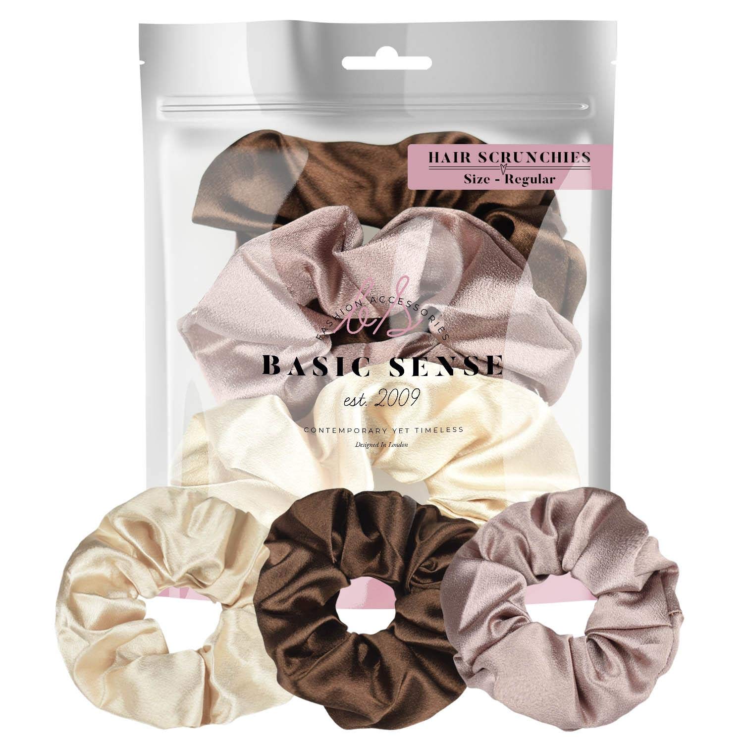 Luxurious Shimmering Hair Satin Scrunchies for Women Updo Ponytail Holder Ties Bands Elastic Bobbles Traceless Scrunchy, A set of 3pcs, Brown Assortment