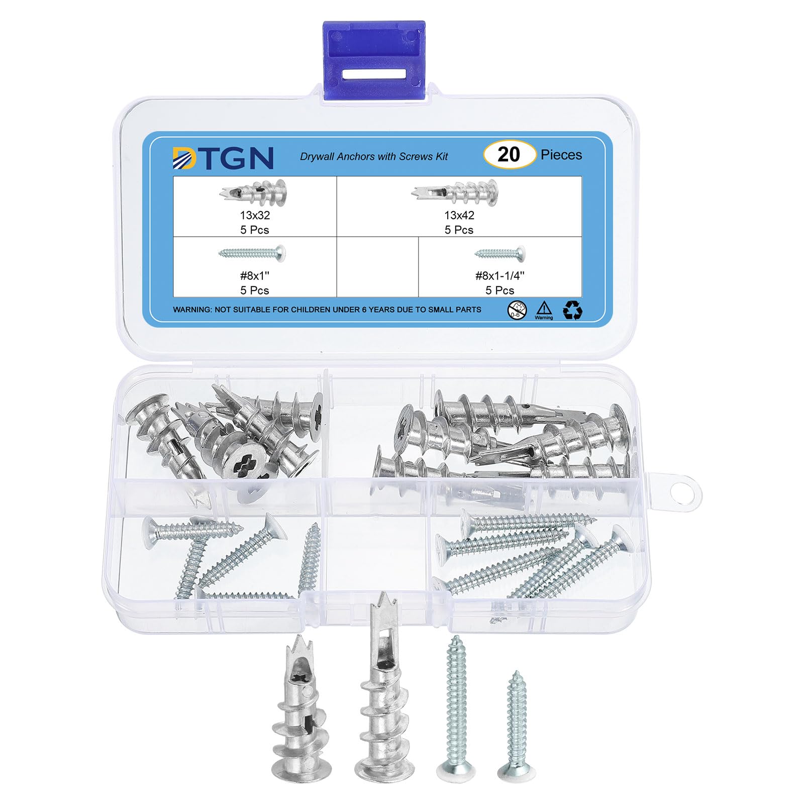 DTGN 13x32mm,13x42mm Self-Drilling Drywall Anchors with Screws Kit - 5 Set - Good for Concrete Tile Cement - Zinc Alloy Hollow Wall Anchors Kit with Screws