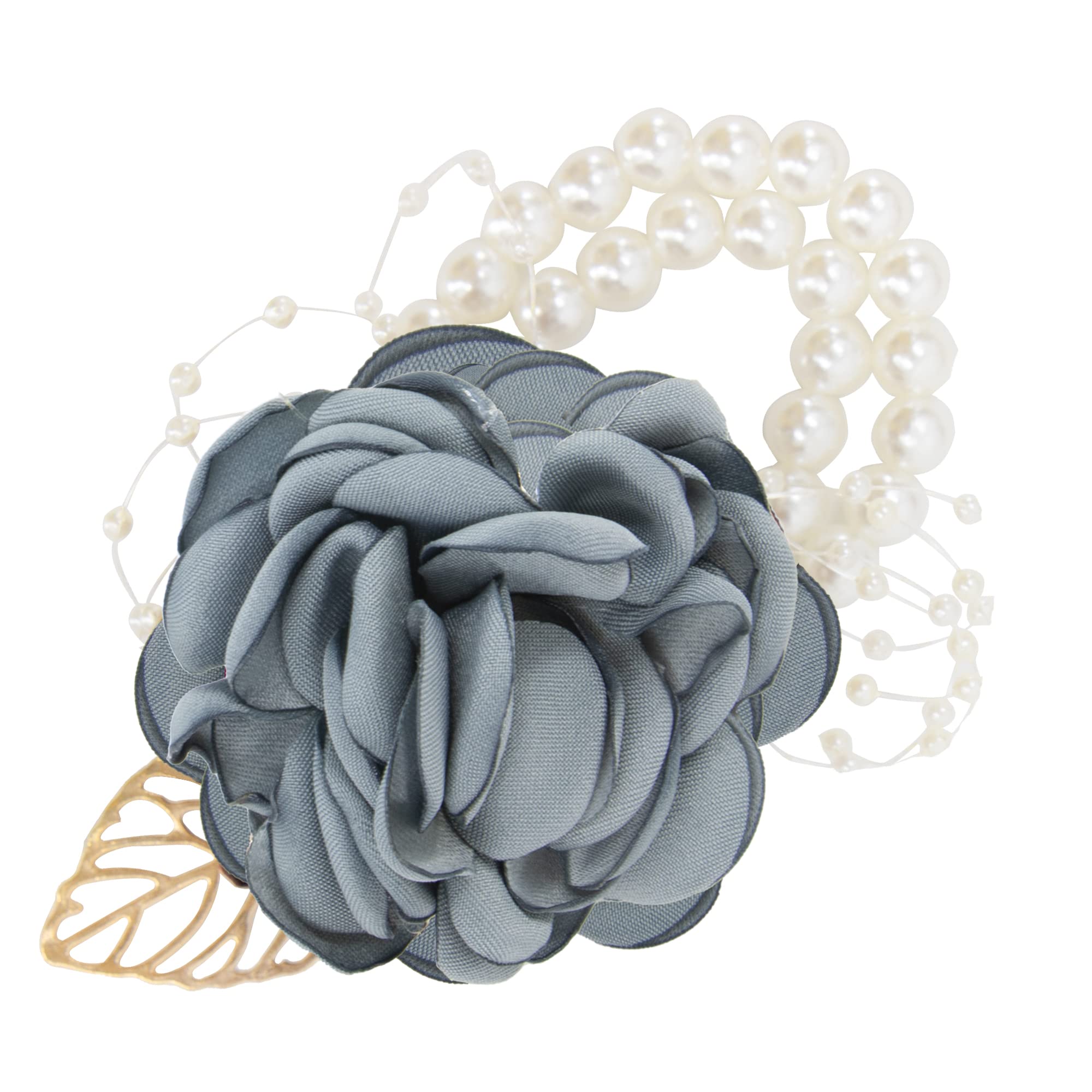 Time to Sparkle 9 * 7cm Rose Wrist Corsage Wristlet for Women Band Bracelet for Wedding Bride Bridesmaid Prom Party Decoration Grayish Blue