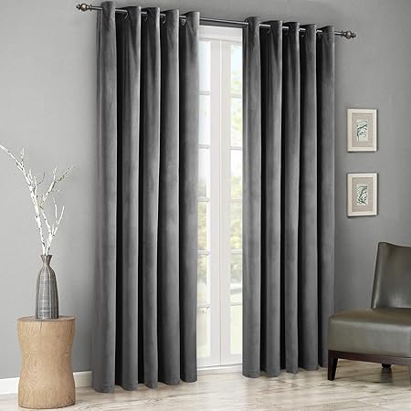 Singinglory Grey Velvet Eyelet Curtains 2 Panels With 2 Tiebacks