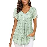 VALOLIA Womens Tops Short Sleeve Shirts Casual V Neck Blouse Double Layers Mesh Tunics Tops