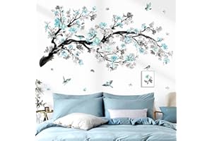 wondever Watercolor Blue Flower Branch Wall Stickers Blossom Tree Floral Birds Peel and Stick Wall Art Decals for Living Room