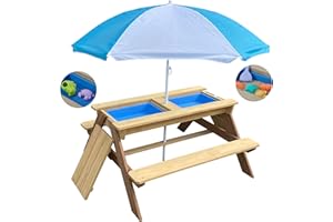 BTExpert Kids 3-in-1 Sand Water Activity Table Wooden Outdoor Convertible Picnic Table Bench Adjustable Umbrella Removable Top 2 Play Boxes Toy Set 37 x 35 in