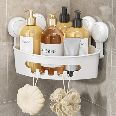 LEVERLOC Corner Suction Shower Caddy White Clear No Drilling Bathroom Organizer