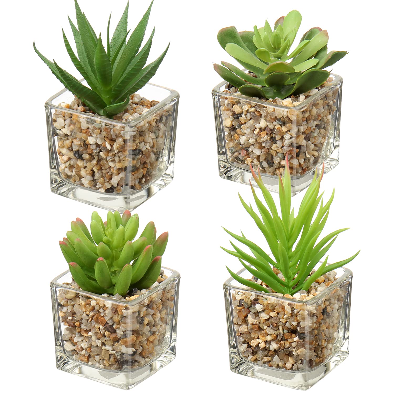 Briful Artificial Succulents Fake Succulent Plants, Set of 4 Small Fake Plants in Square Glass Pots Artificial Indoor Plants for Bathroom Bedroom Kitchen Home Decor
