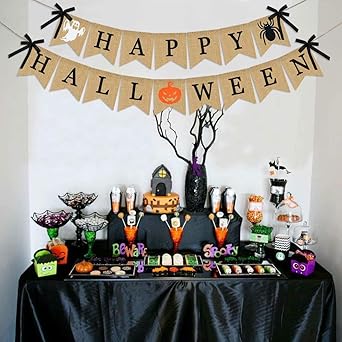 Amazon Happy Halloween 黄麻布バナー ハロウィン炉棚バナー ハロウィンバナー インドアアウトドア ハロウィンバナーデコレーション マントル暖炉 ホームオフィス ハロウィンパーティーデコレーション用品 パーティーグッズ Generic
