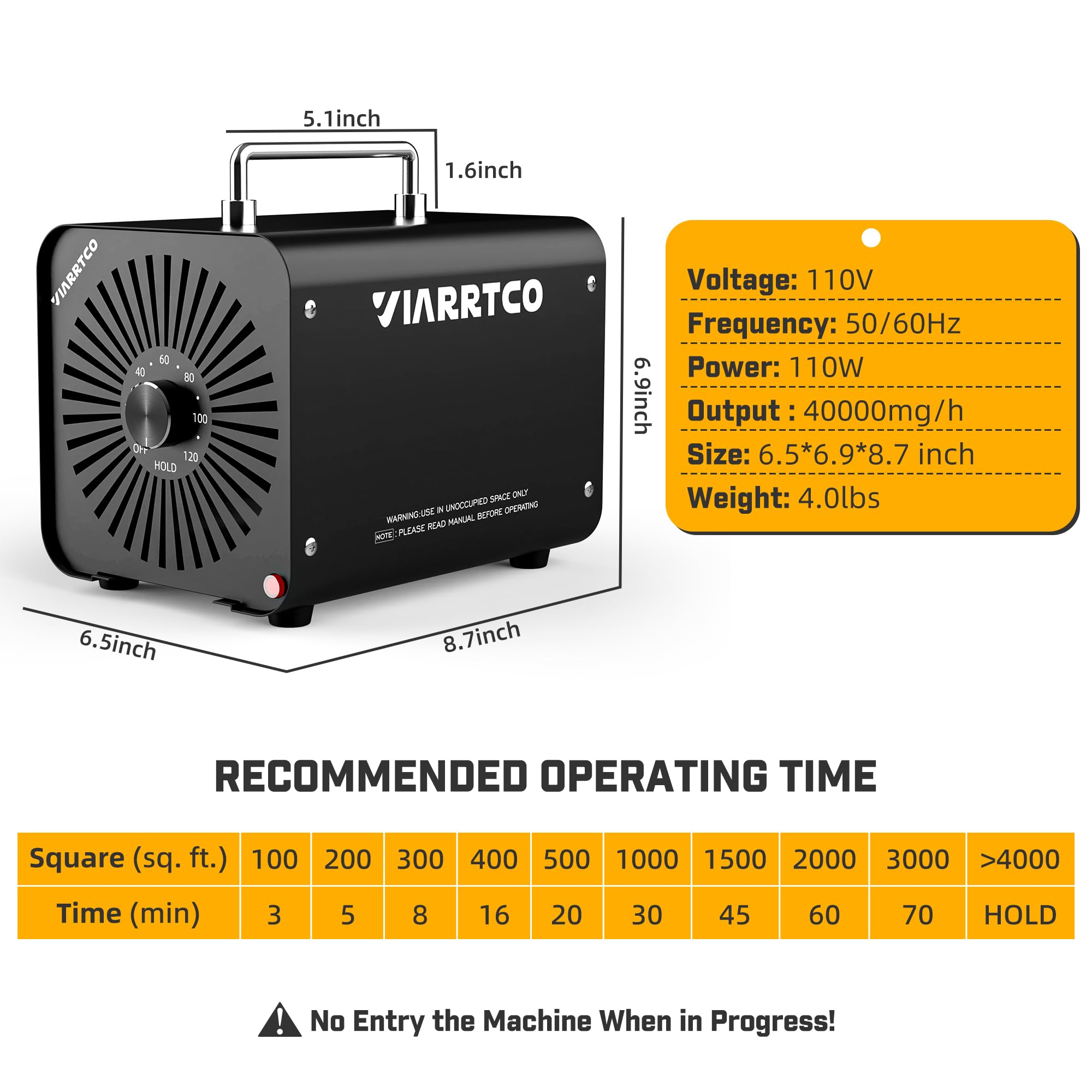 VIARRTCO Ozone Machine Generator 40,000mg/h 8000 Sq. Ft. Ozone Machine Odor Removal for Home and Car with 120min timer All Metallic Black