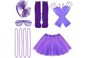 jiebor 80s Costume Outfits Accessories for Girls Kids Tutu Skirt Leg Warmers Fishnet Gloves Shutter Glass Headband Necklace