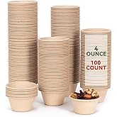 Gere Disposable Testing Bowls, 100 Pack, 4 oz, Natural Biodegradable Bagasse Fiber Souffle and Condiment Cups, Sample and Measuring Cups