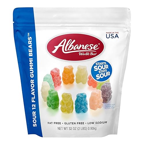 Albanese World's Best Sour 12 Flavor Gummi Bears | 32oz Bag of Candy | 12 Unique Super Sour Flavors, Gluten Free, Fat Free, Soft and Chewy Gummy Bears | Perfect Travel Snack